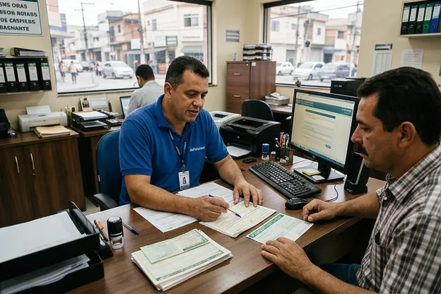 Despachante em Mesquita ajudando cliente com documentos de veículos.